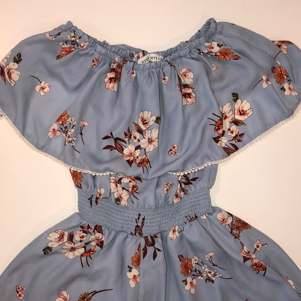 Light Blue Floral Print Off the Shoulder Cinch Waist Romper Size S - Picture 3 of 5